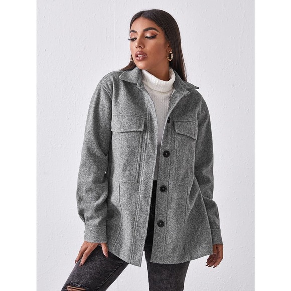 WILA Jackets & Blazers - boyfriend shacket oversized Button Front Pocket Patched jacket gray